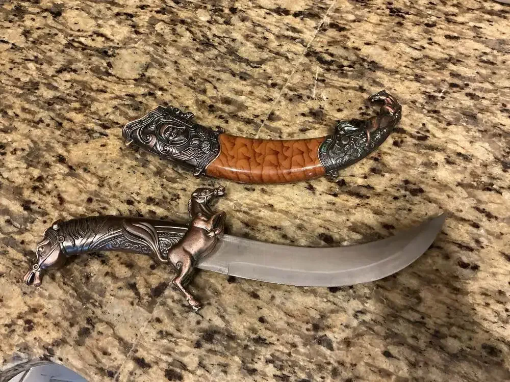 Mongolian Horse Figural Curved Dagger and Scabbard